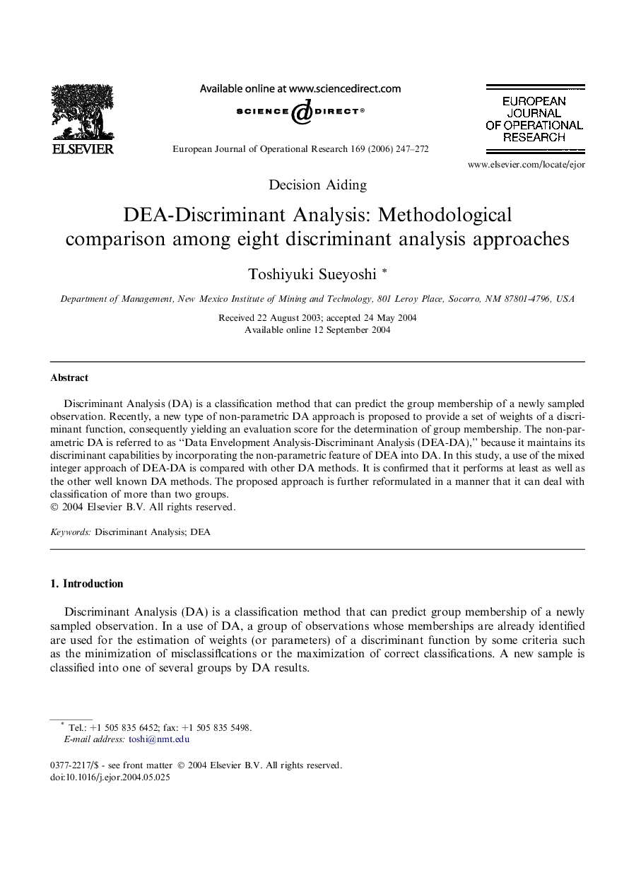 DEA-Discriminant Analysis: Methodological comparison among eight discriminant analysis approaches