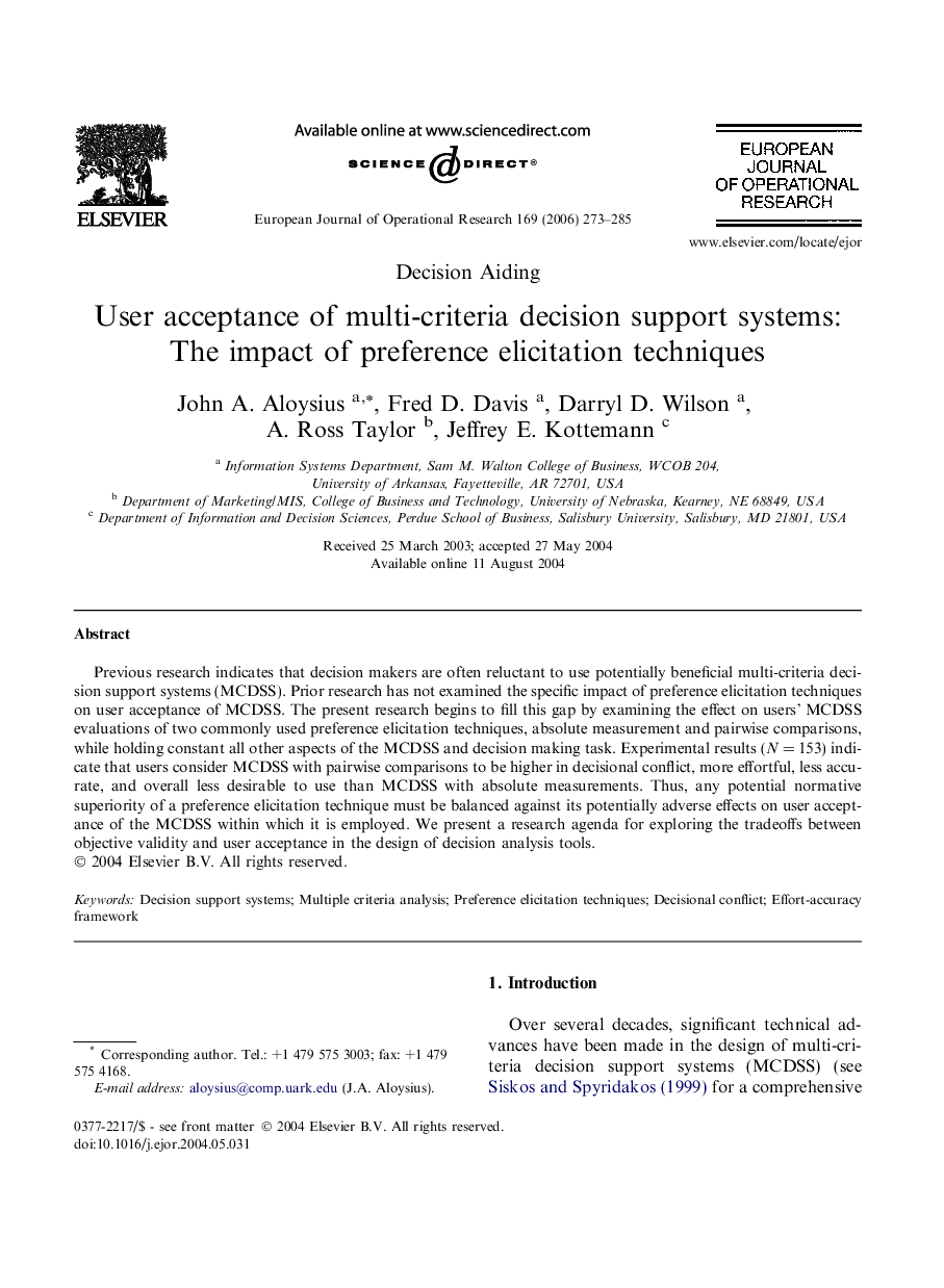 User acceptance of multi-criteria decision support systems: The impact of preference elicitation techniques