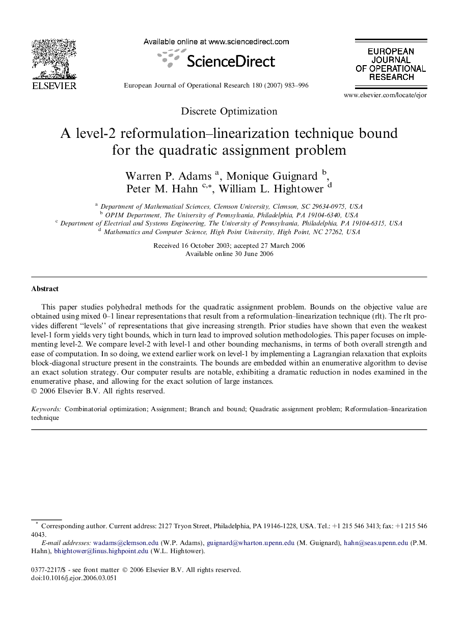 A level-2 reformulation–linearization technique bound for the quadratic assignment problem