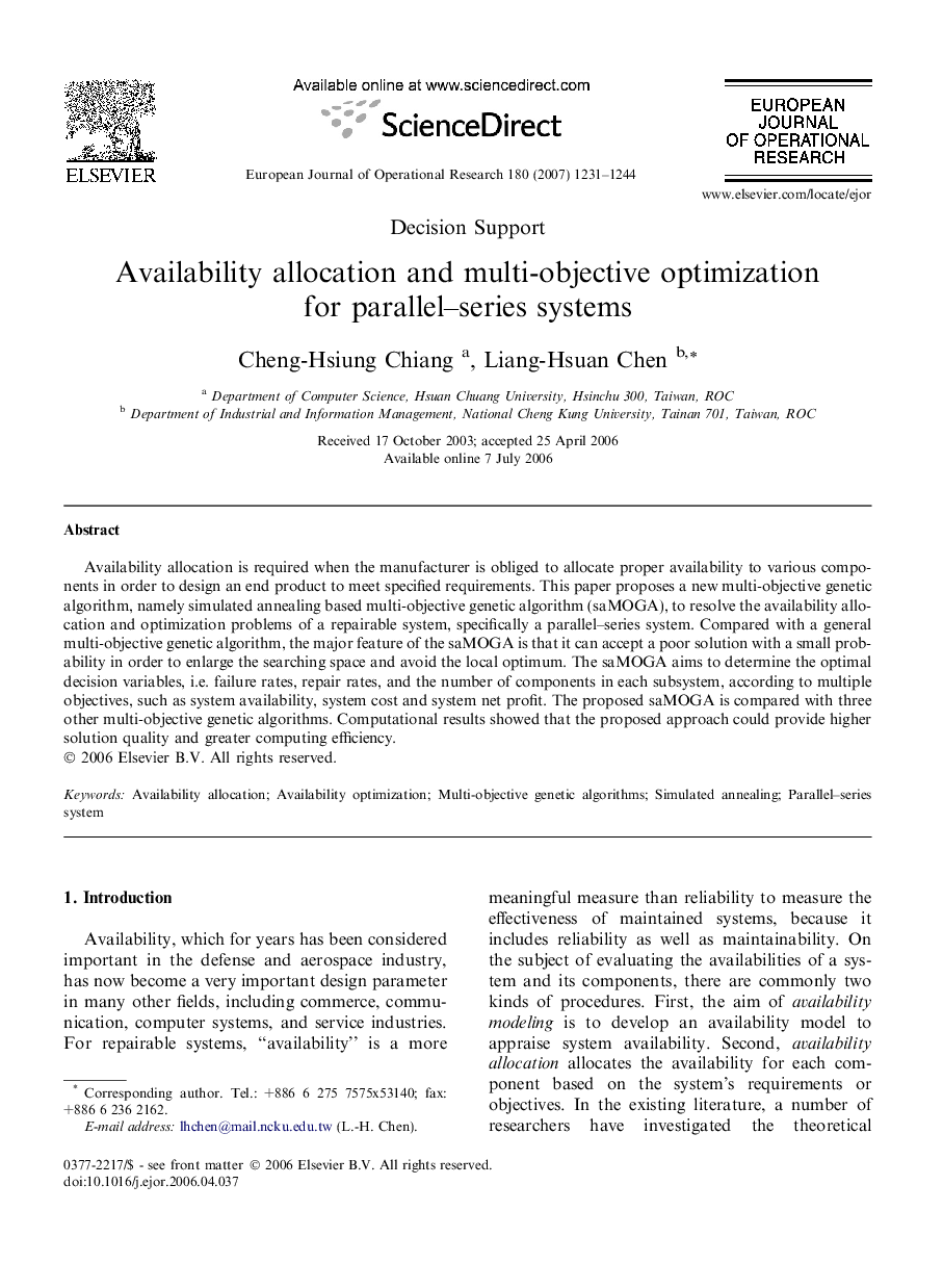 Availability allocation and multi-objective optimization for parallel–series systems