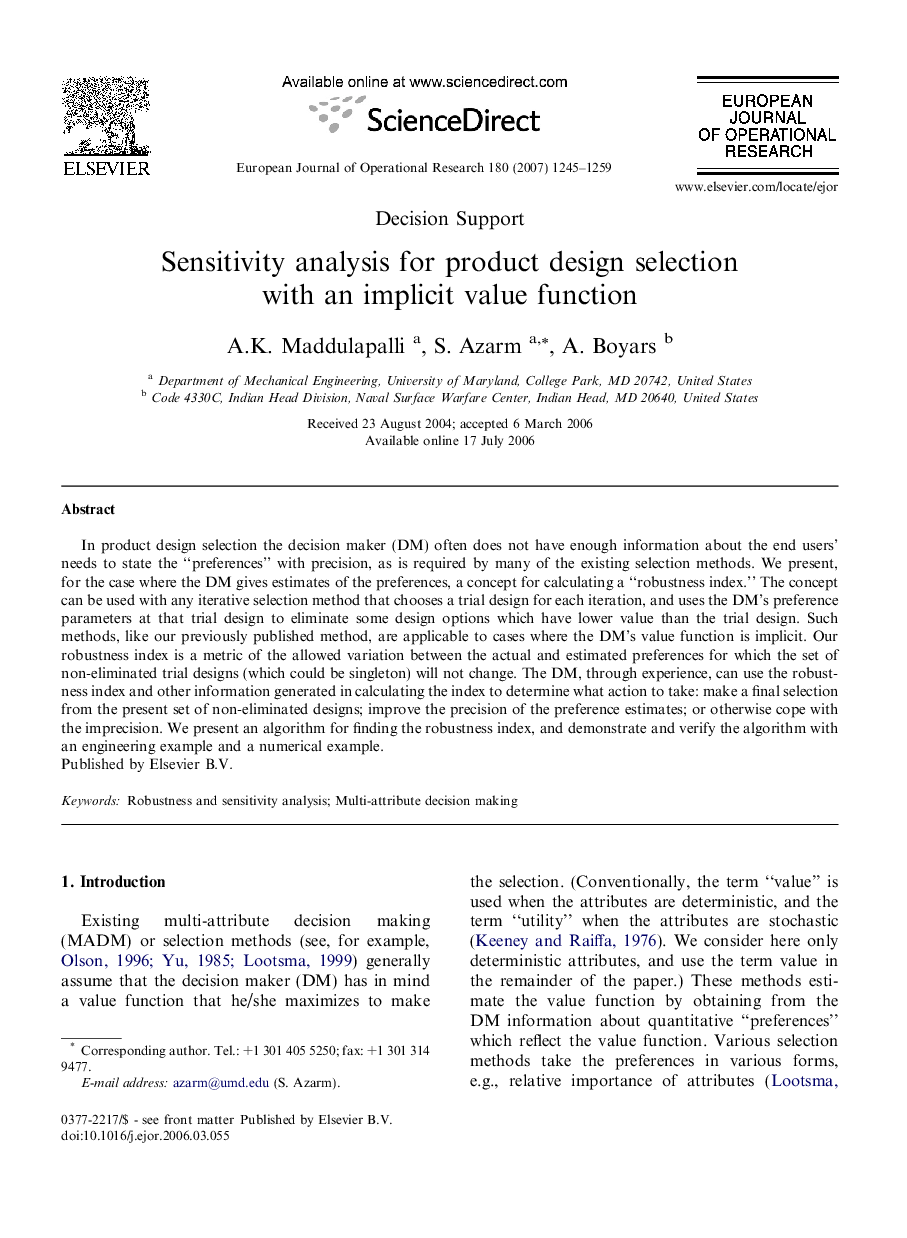 Sensitivity analysis for product design selection with an implicit value function