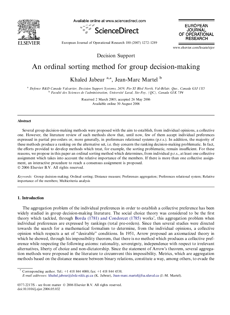 An ordinal sorting method for group decision-making