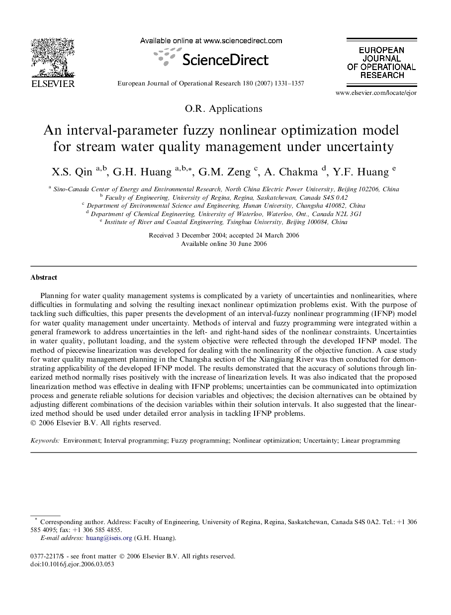 An interval-parameter fuzzy nonlinear optimization model for stream water quality management under uncertainty