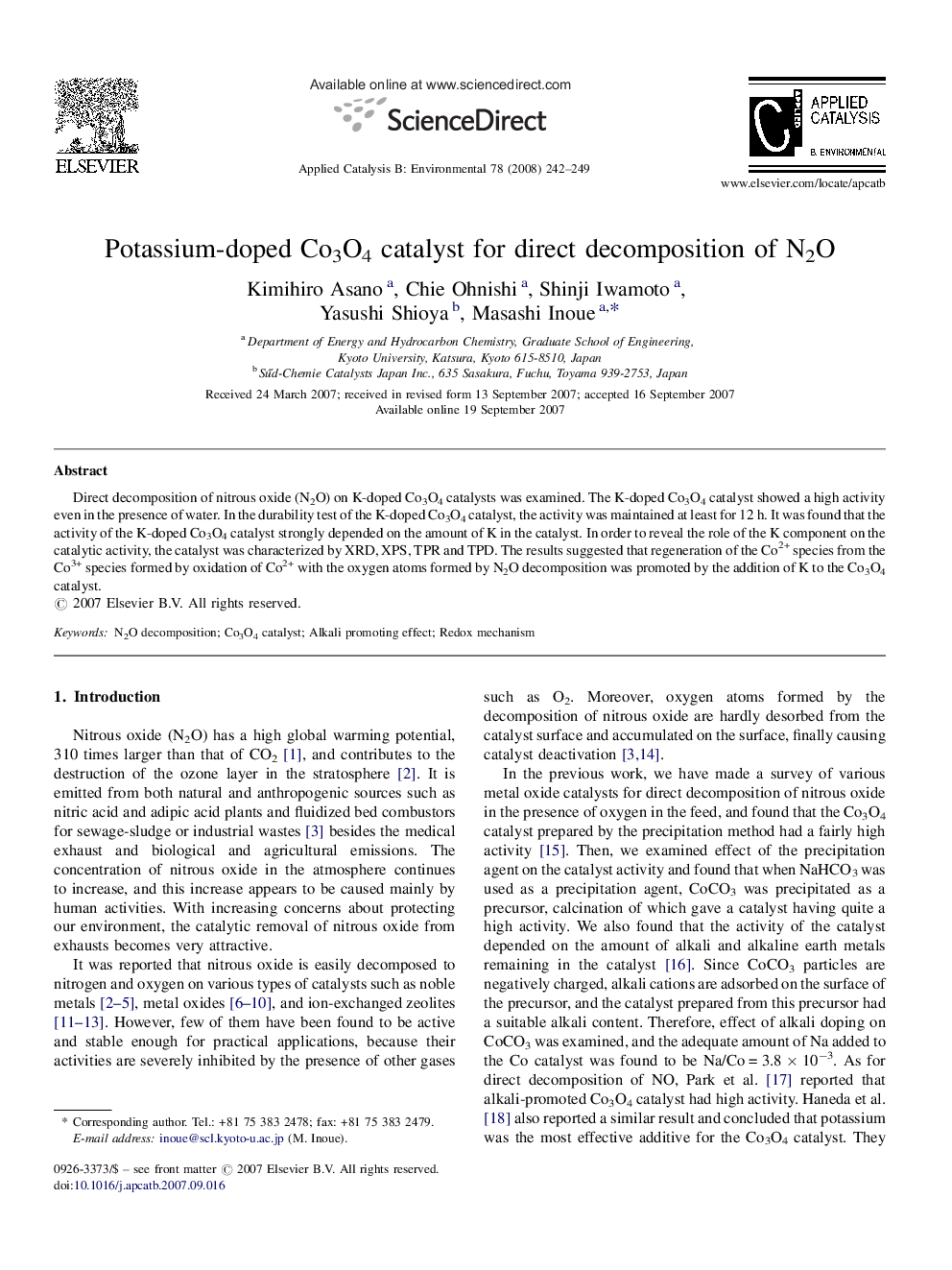 Potassium-doped Co3O4 catalyst for direct decomposition of N2O