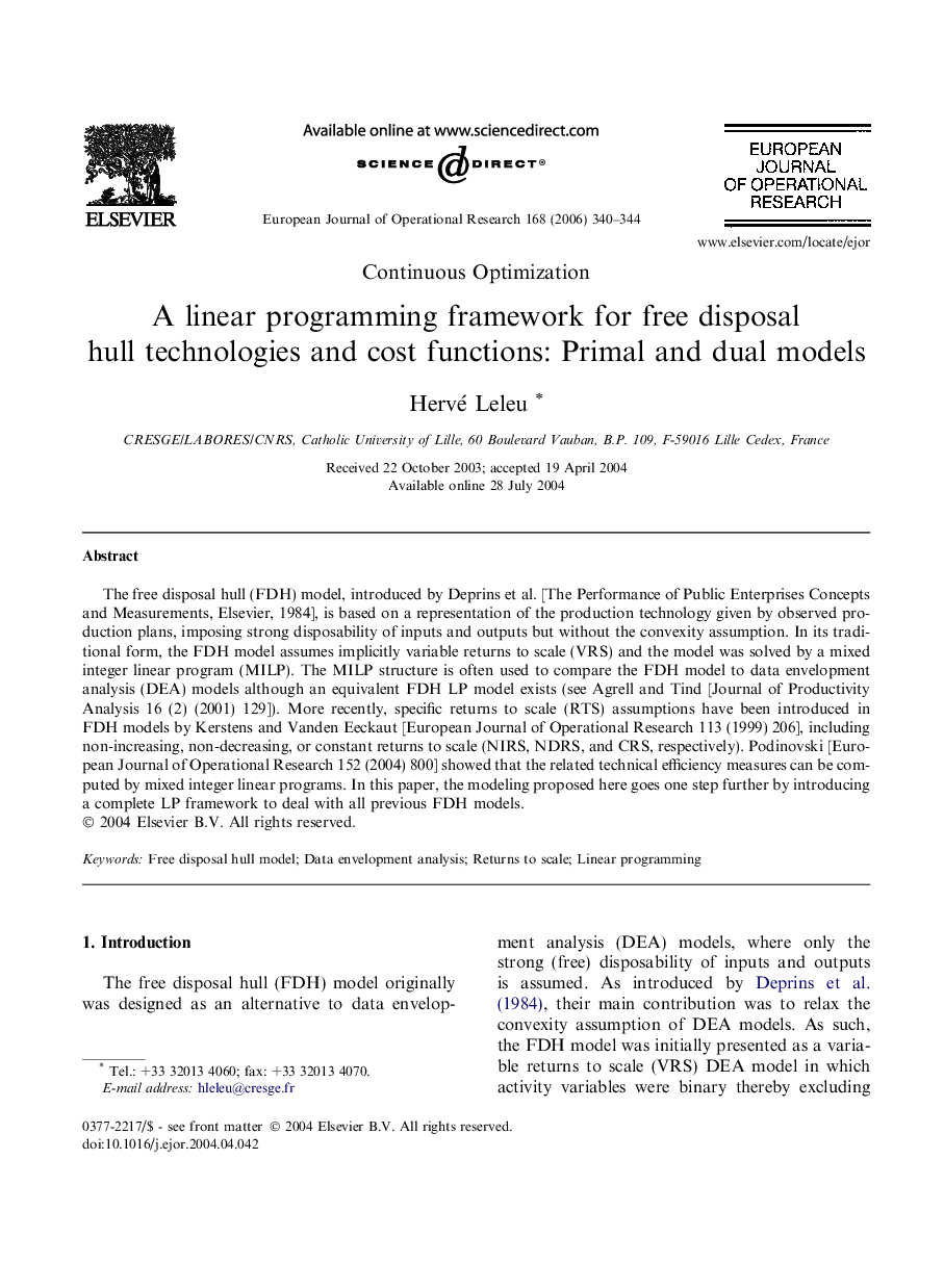 A linear programming framework for free disposal hull technologies and cost functions: Primal and dual models