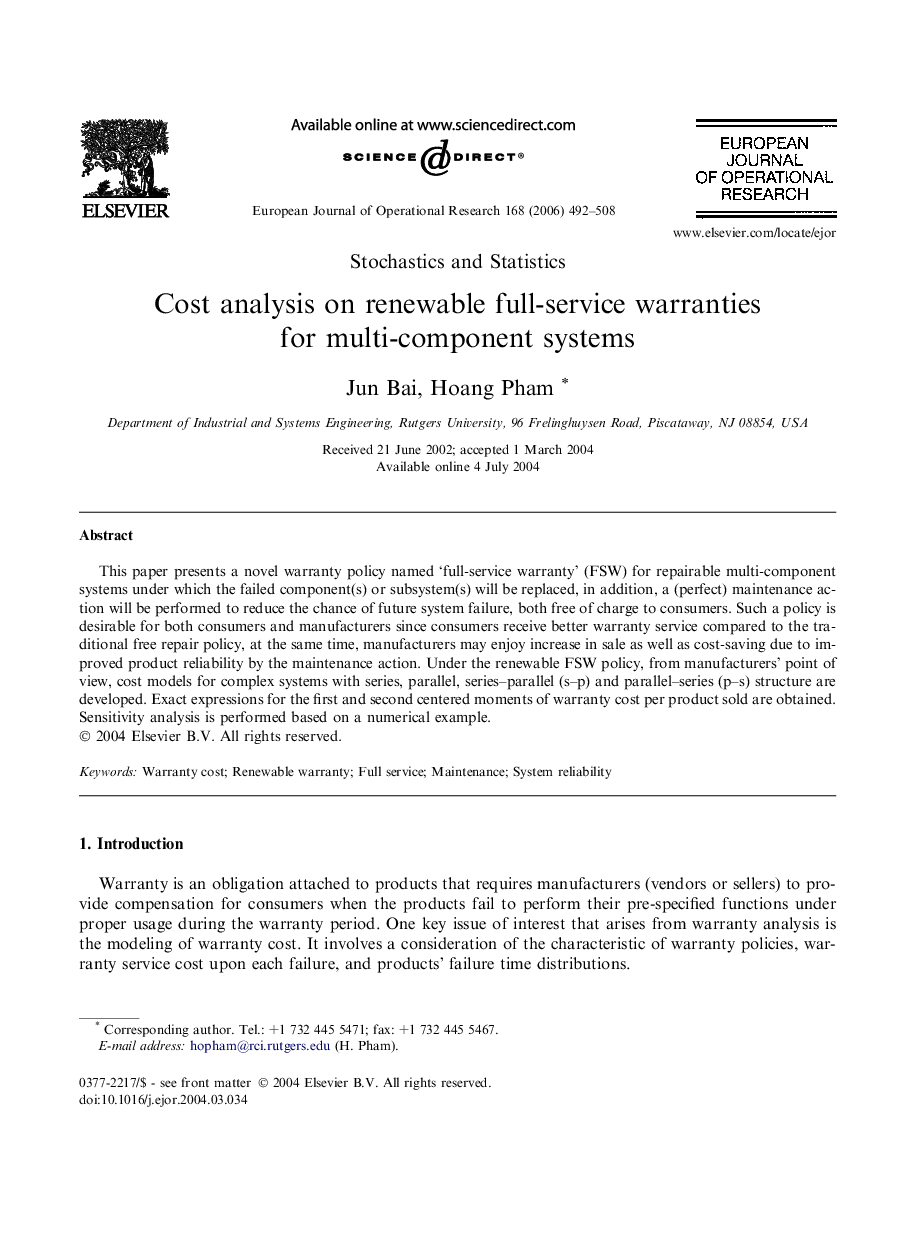 Cost analysis on renewable full-service warranties for multi-component systems