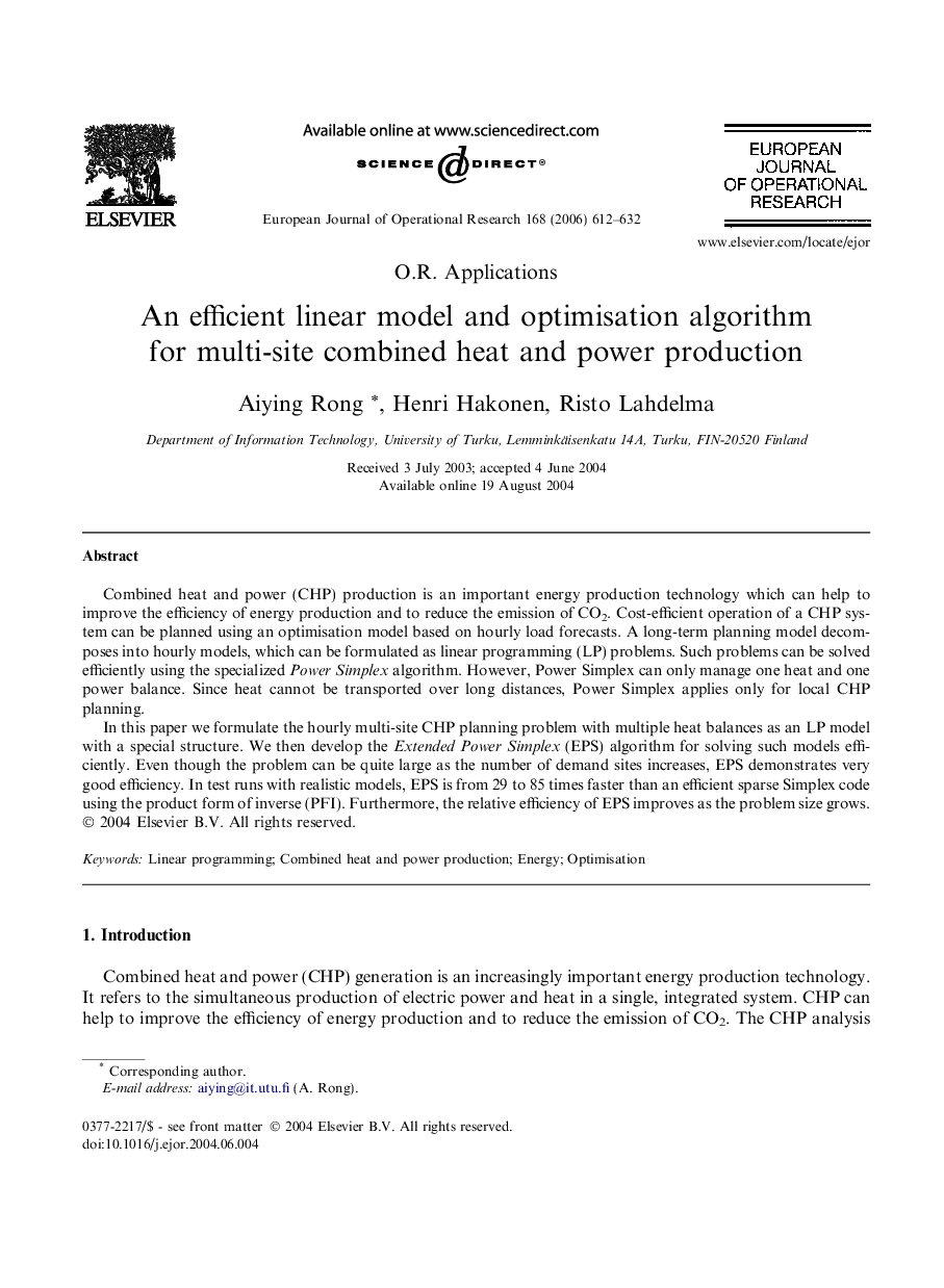 An efficient linear model and optimisation algorithm for multi-site combined heat and power production