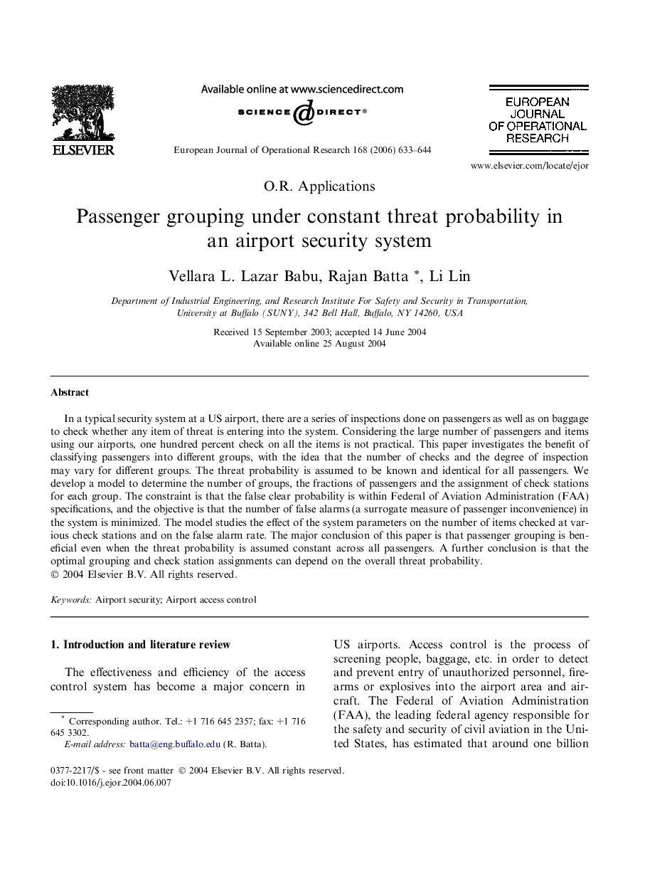 Passenger grouping under constant threat probability in an airport security system