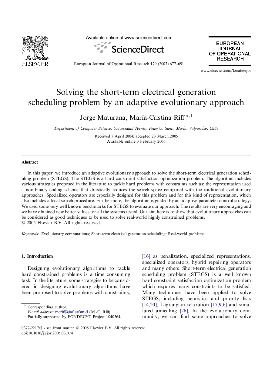 Solving the short-term electrical generation scheduling problem by an adaptive evolutionary approach