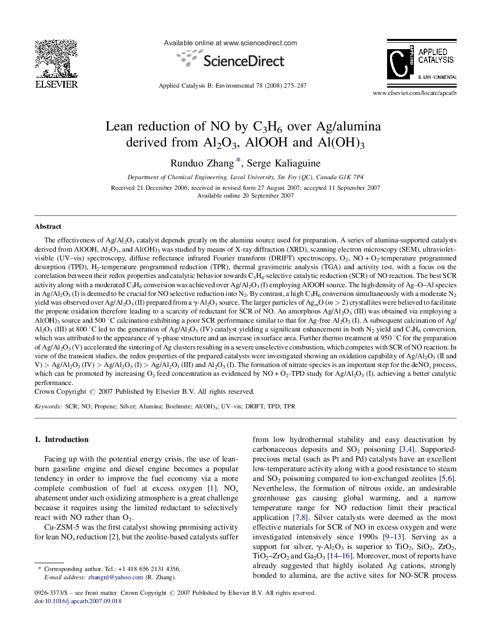 Lean reduction of NO by C3H6 over Ag/alumina derived from Al2O3, AlOOH and Al(OH)3