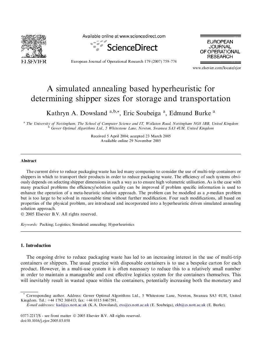 A simulated annealing based hyperheuristic for determining shipper sizes for storage and transportation