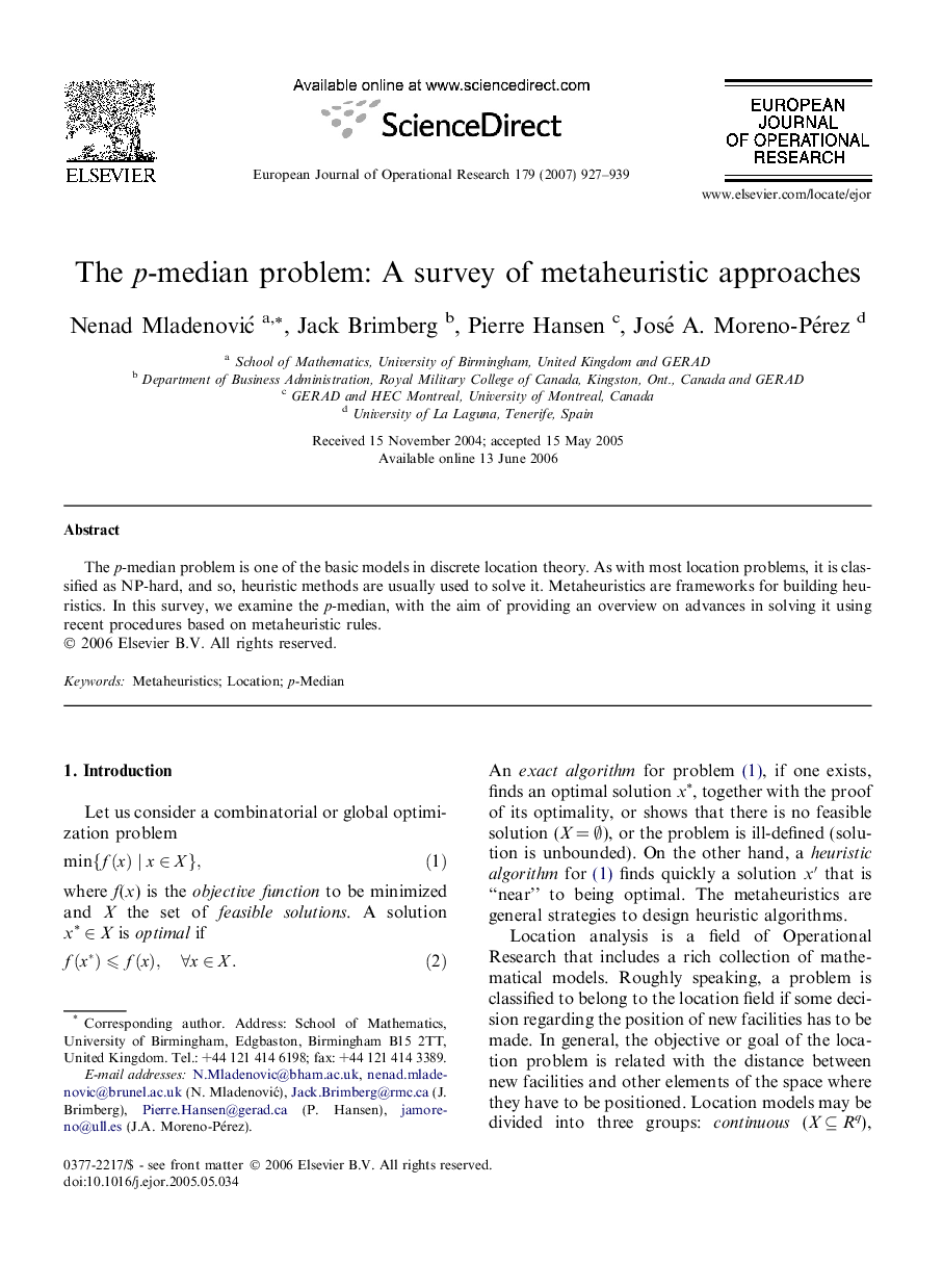 The p-median problem: A survey of metaheuristic approaches