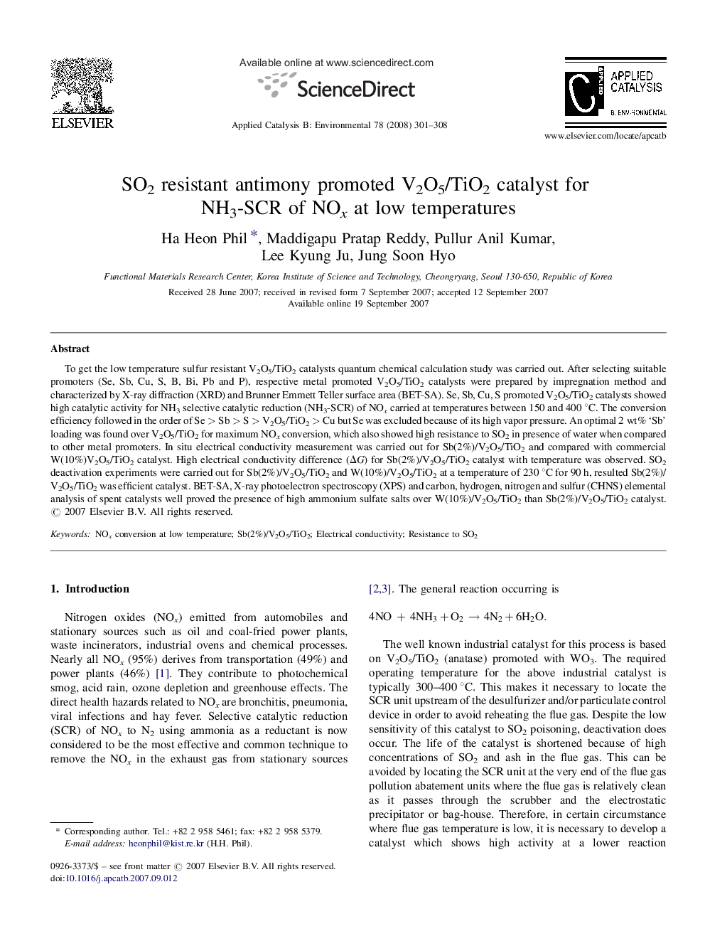 SO2 resistant antimony promoted V2O5/TiO2 catalyst for NH3-SCR of NOx at low temperatures