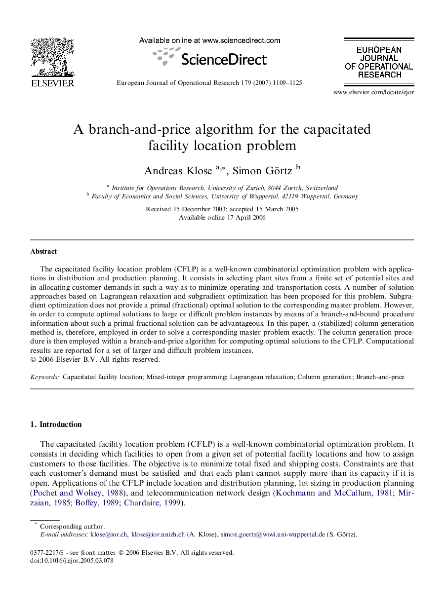 A branch-and-price algorithm for the capacitated facility location problem