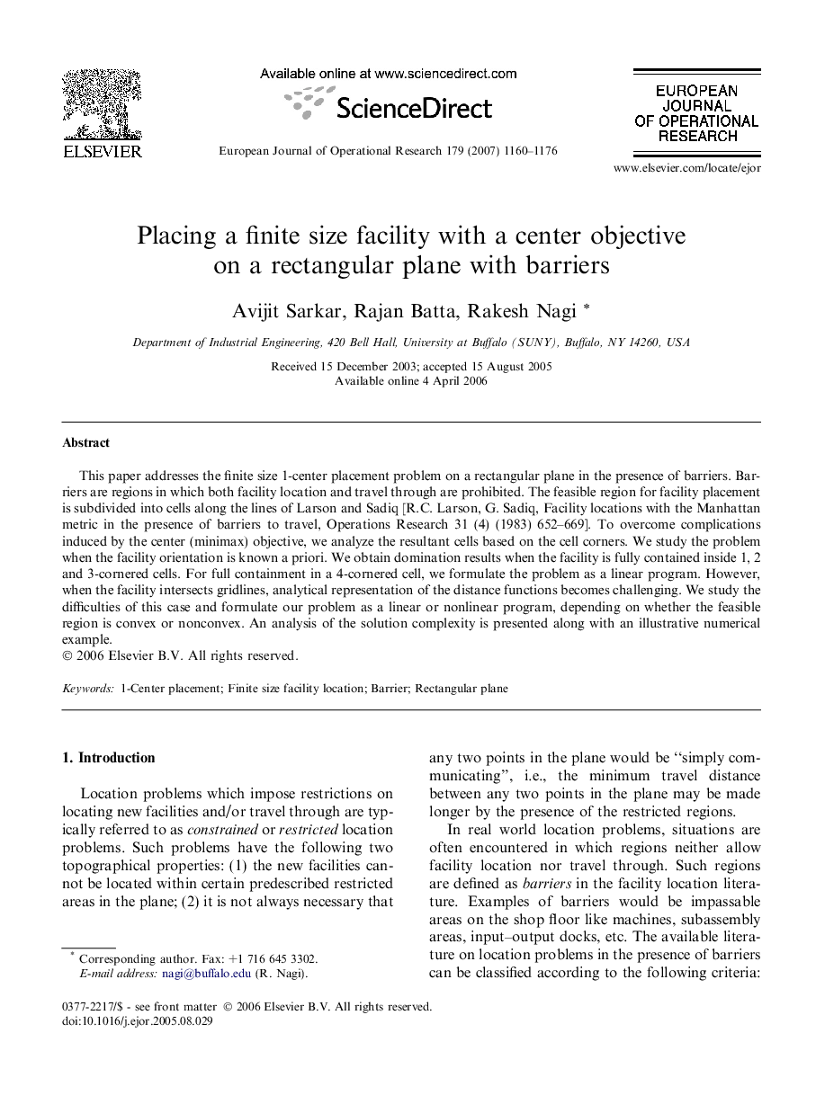 Placing a finite size facility with a center objective on a rectangular plane with barriers