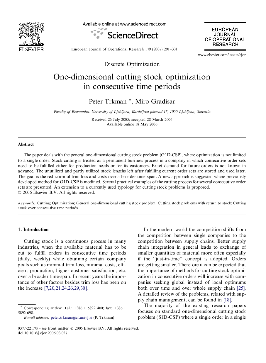 One-dimensional cutting stock optimization in consecutive time periods