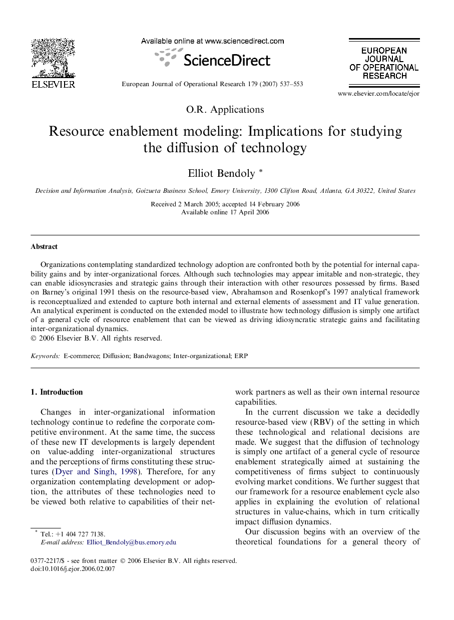 Resource enablement modeling: Implications for studying the diffusion of technology