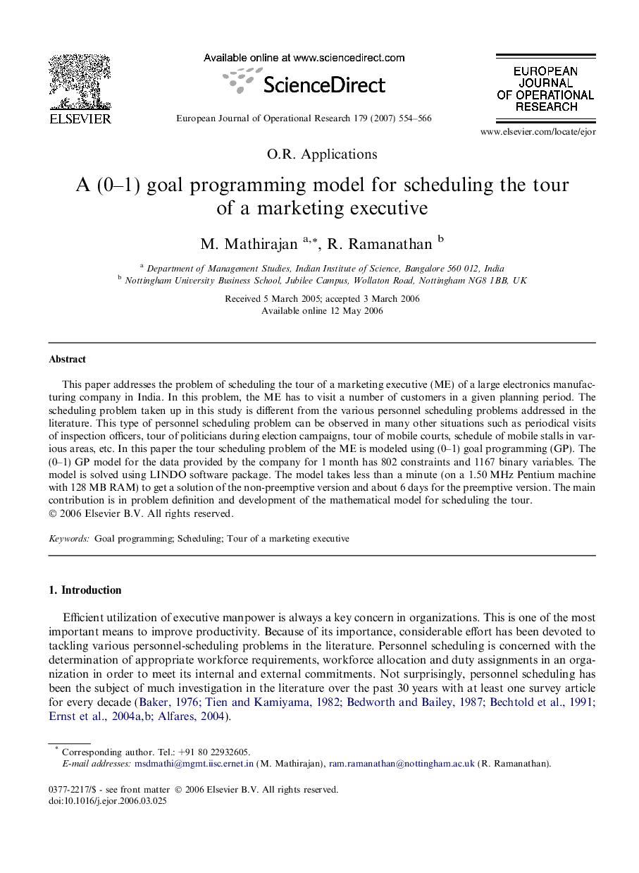 A (0–1) goal programming model for scheduling the tour of a marketing executive