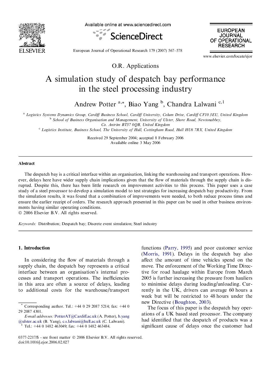 A simulation study of despatch bay performance in the steel processing industry