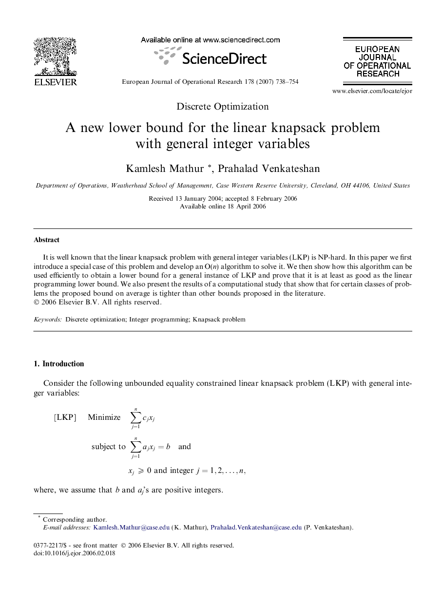 A new lower bound for the linear knapsack problem with general integer variables