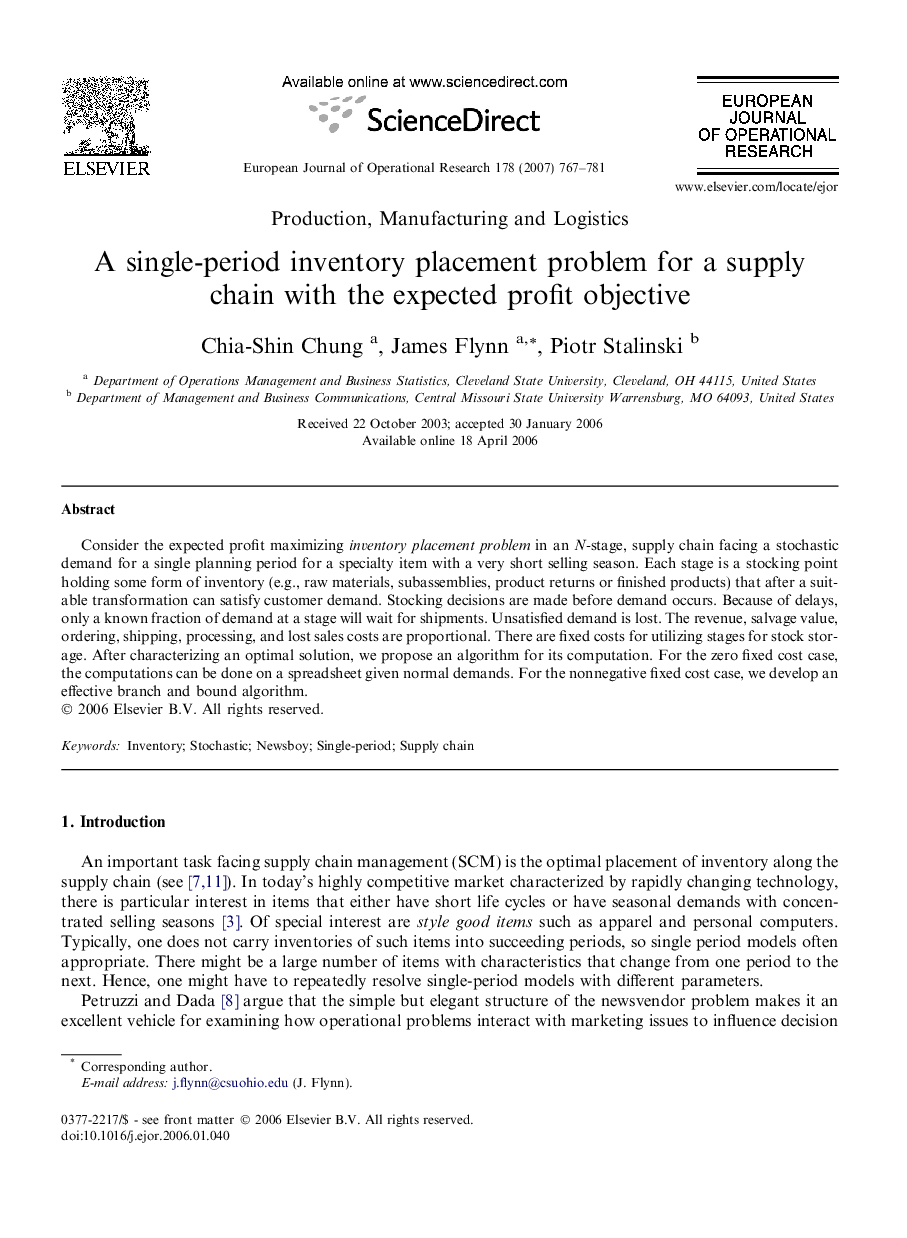 A single-period inventory placement problem for a supply chain with the expected profit objective