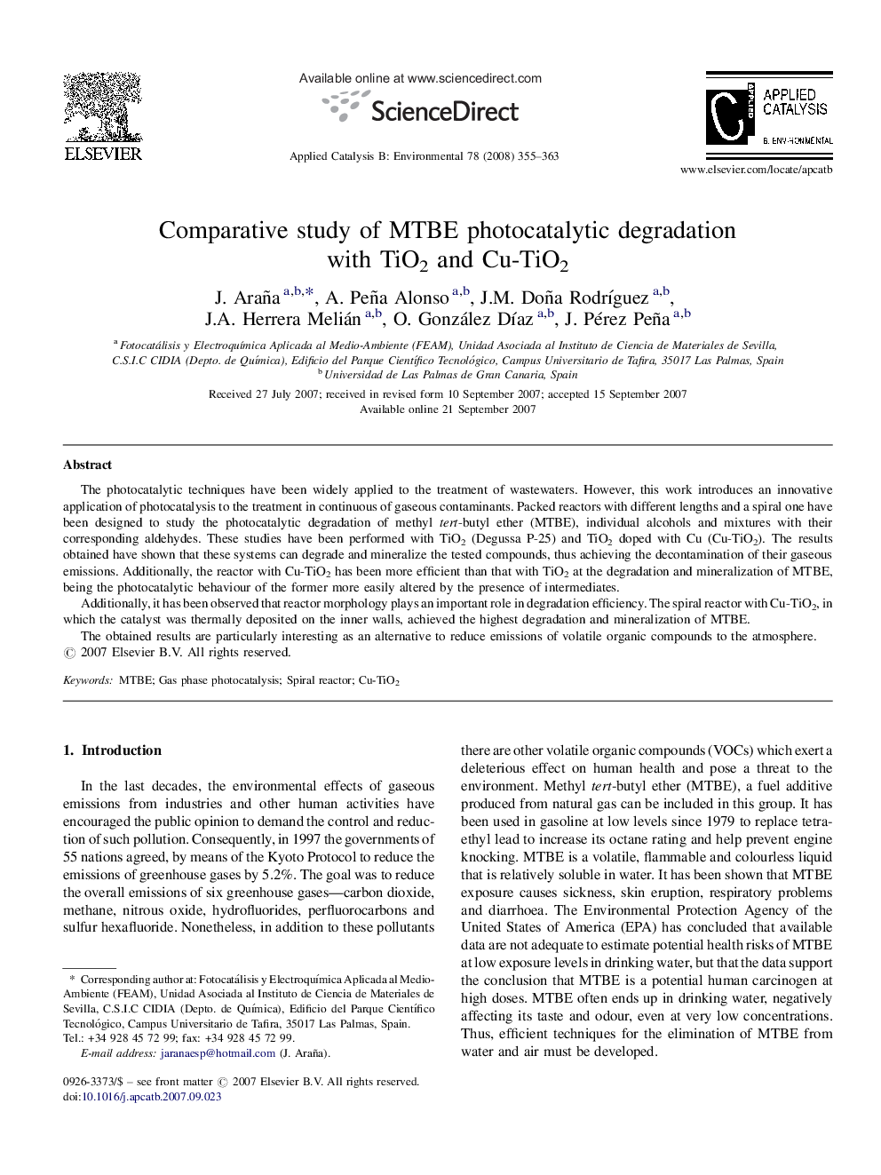 Comparative study of MTBE photocatalytic degradation with TiO2 and Cu-TiO2