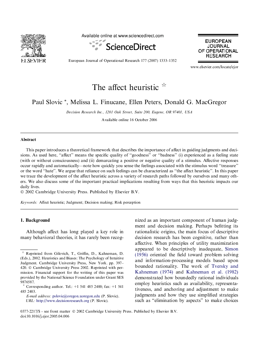 The affect heuristic 