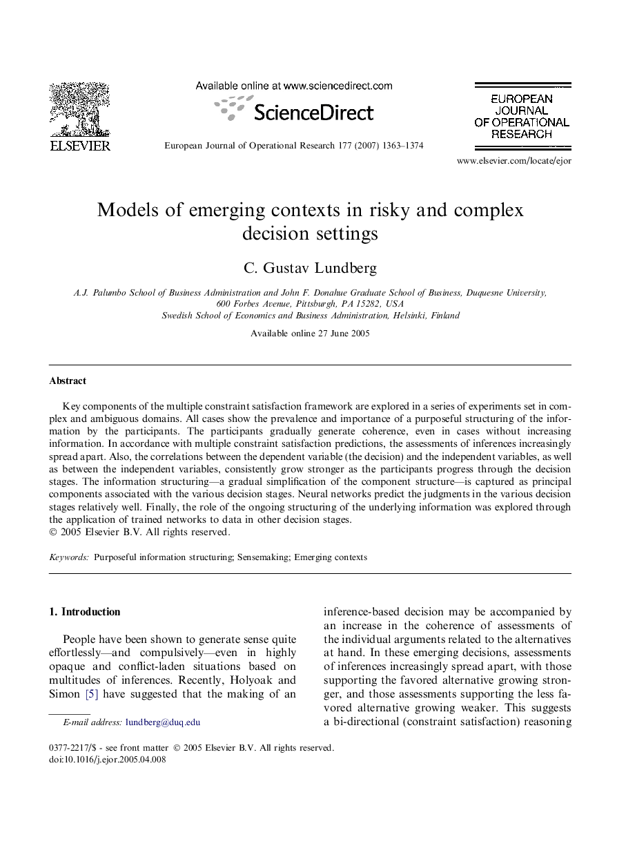 Models of emerging contexts in risky and complex decision settings