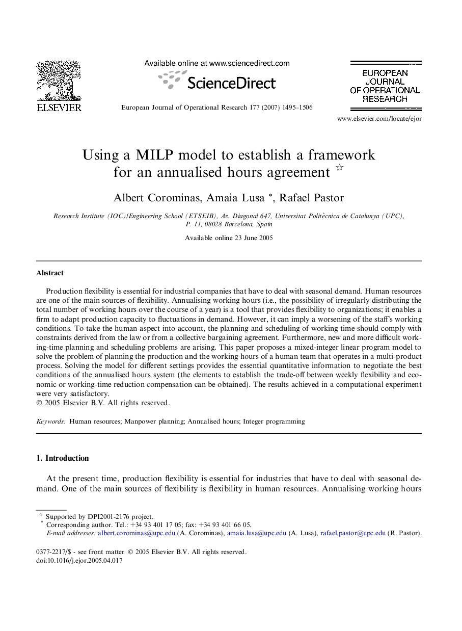 Using a MILP model to establish a framework for an annualised hours agreement 