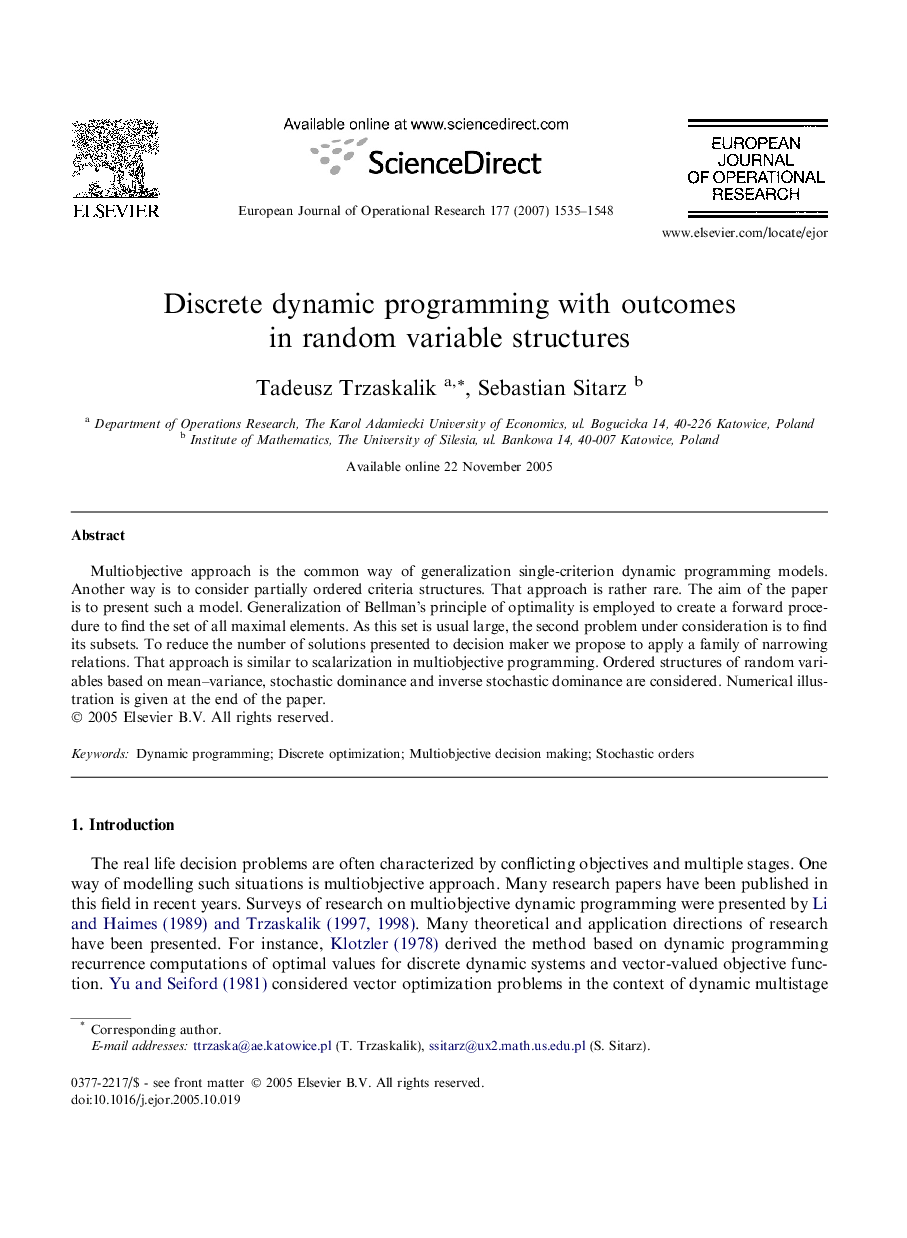 Discrete dynamic programming with outcomes in random variable structures