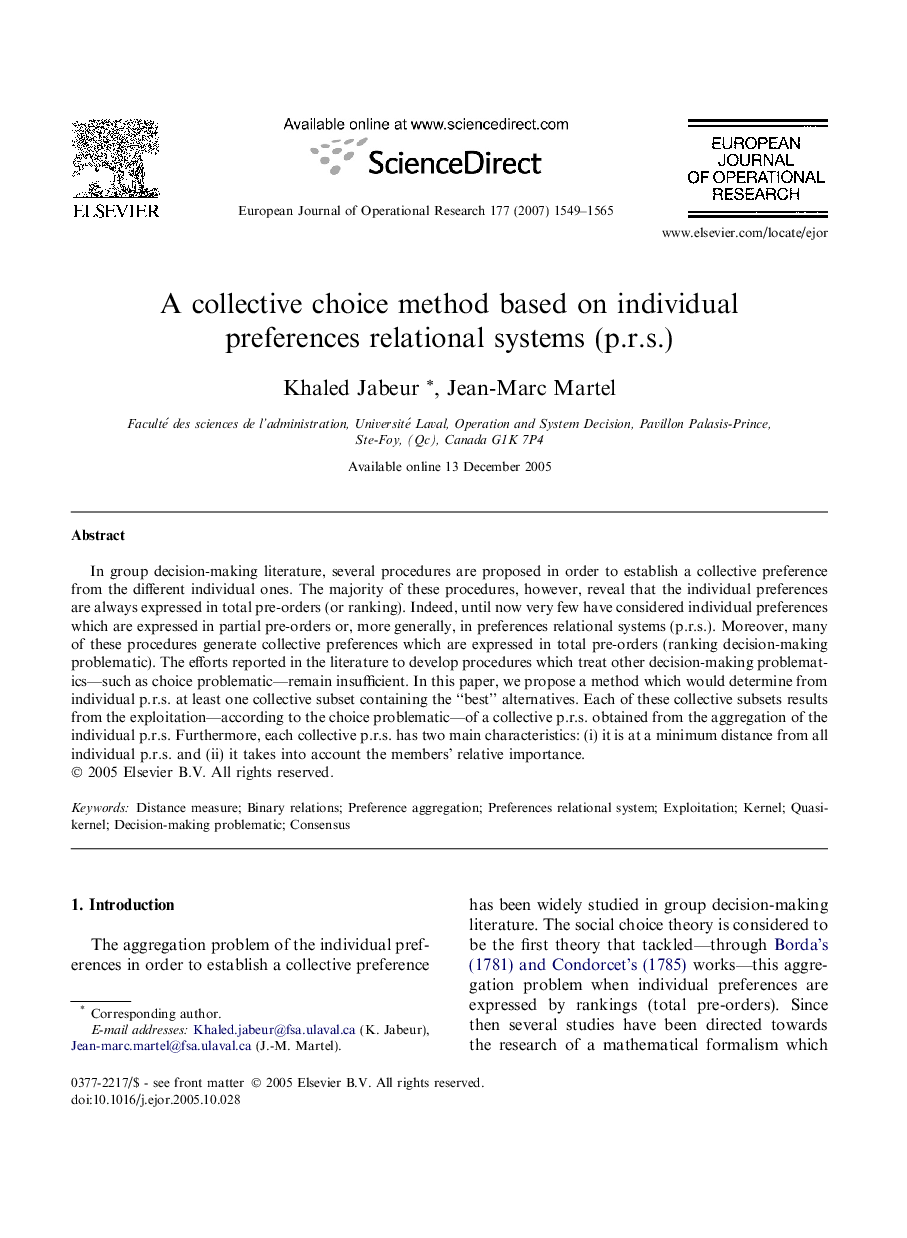 A collective choice method based on individual preferences relational systems (p.r.s.)