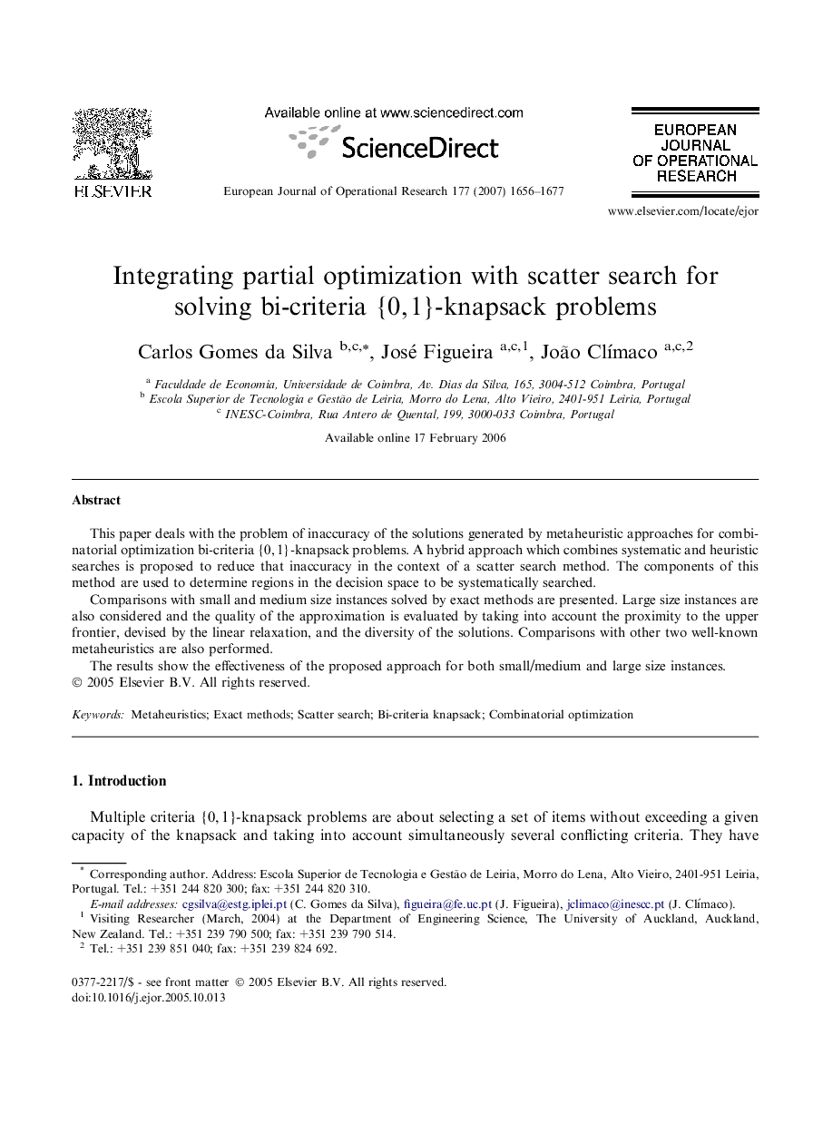 Integrating partial optimization with scatter search for solving bi-criteria {0, 1}-knapsack problems