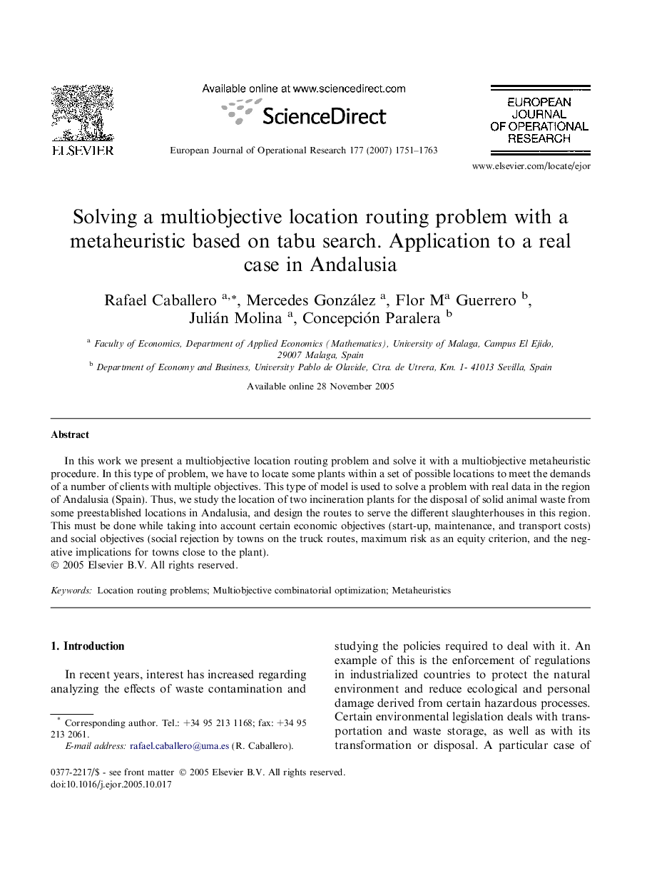 Solving a multiobjective location routing problem with a metaheuristic based on tabu search. Application to a real case in Andalusia