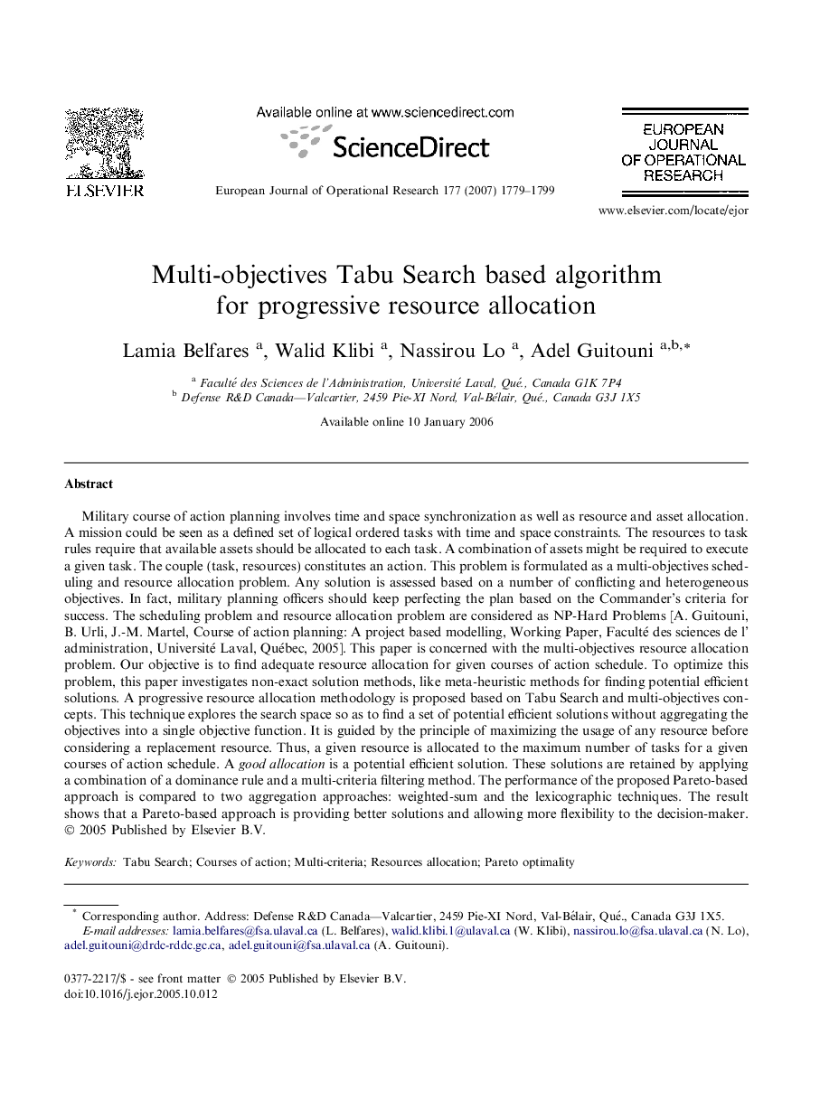 Multi-objectives Tabu Search based algorithm for progressive resource allocation