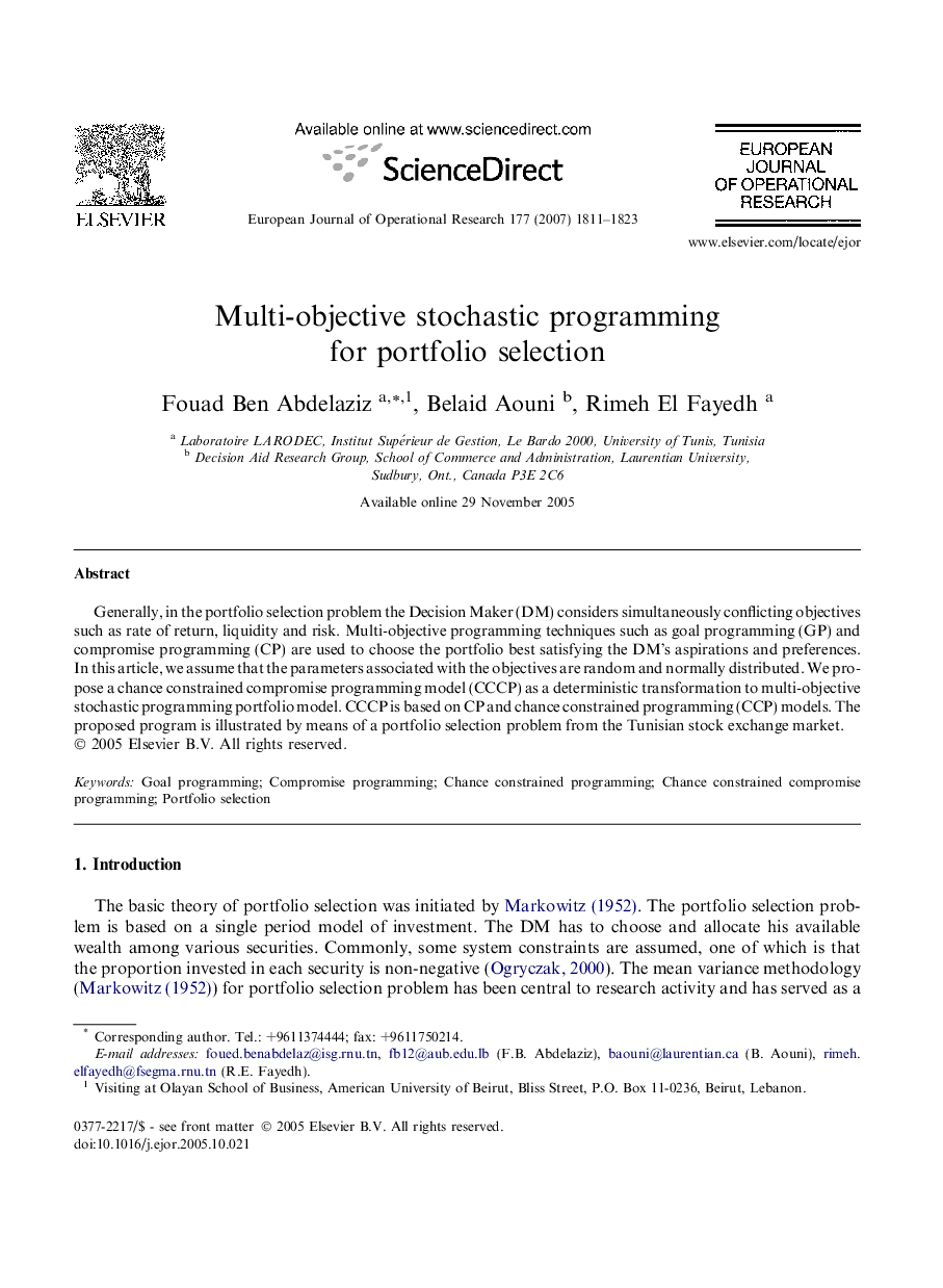 Multi-objective stochastic programming for portfolio selection