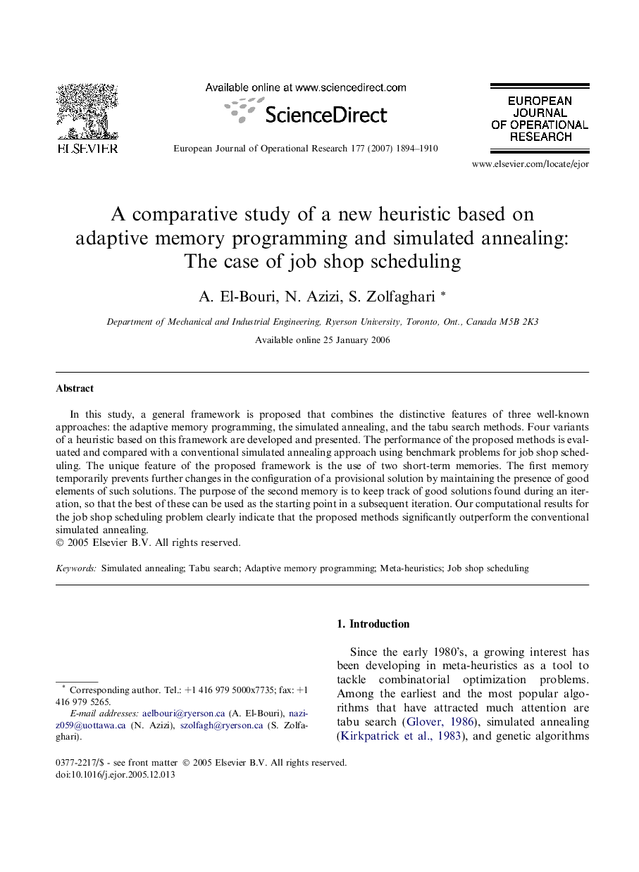 A comparative study of a new heuristic based on adaptive memory programming and simulated annealing: The case of job shop scheduling