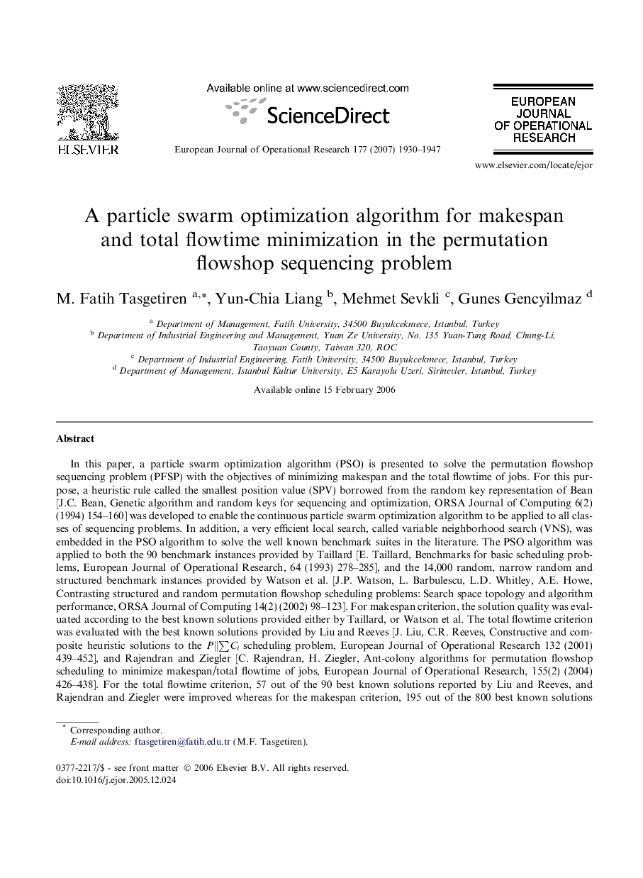 A particle swarm optimization algorithm for makespan and total flowtime minimization in the permutation flowshop sequencing problem