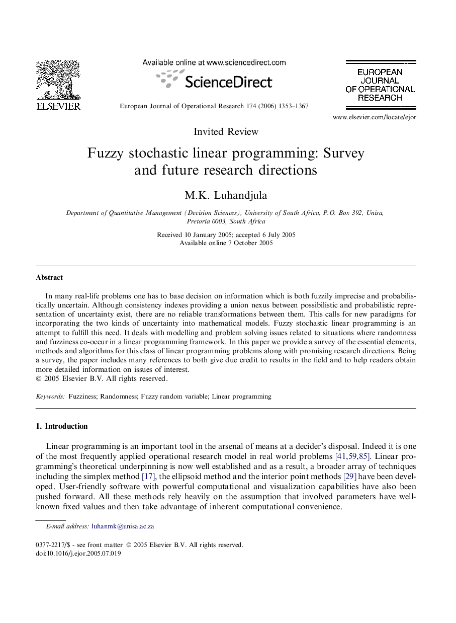 Fuzzy stochastic linear programming: Survey and future research directions