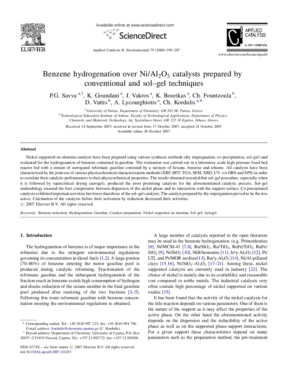 Benzene hydrogenation over Ni/Al2O3 catalysts prepared by conventional and sol–gel techniques