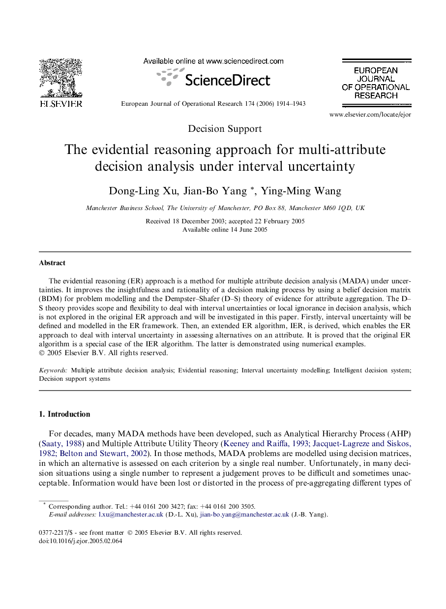 The evidential reasoning approach for multi-attribute decision analysis under interval uncertainty