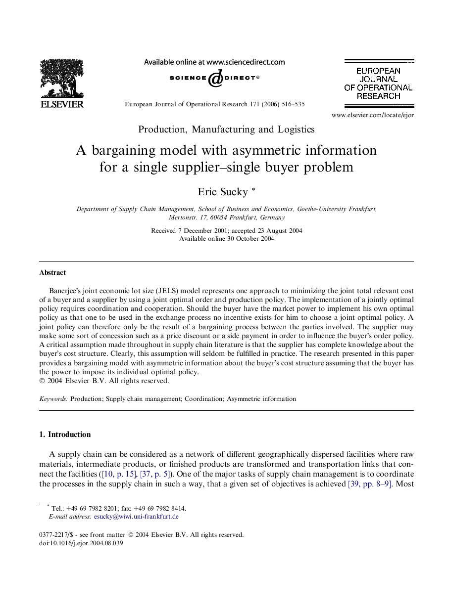 A bargaining model with asymmetric information for a single supplier–single buyer problem