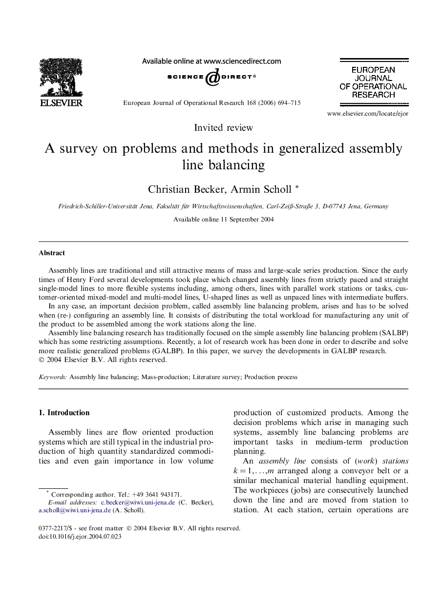 A survey on problems and methods in generalized assembly line balancing