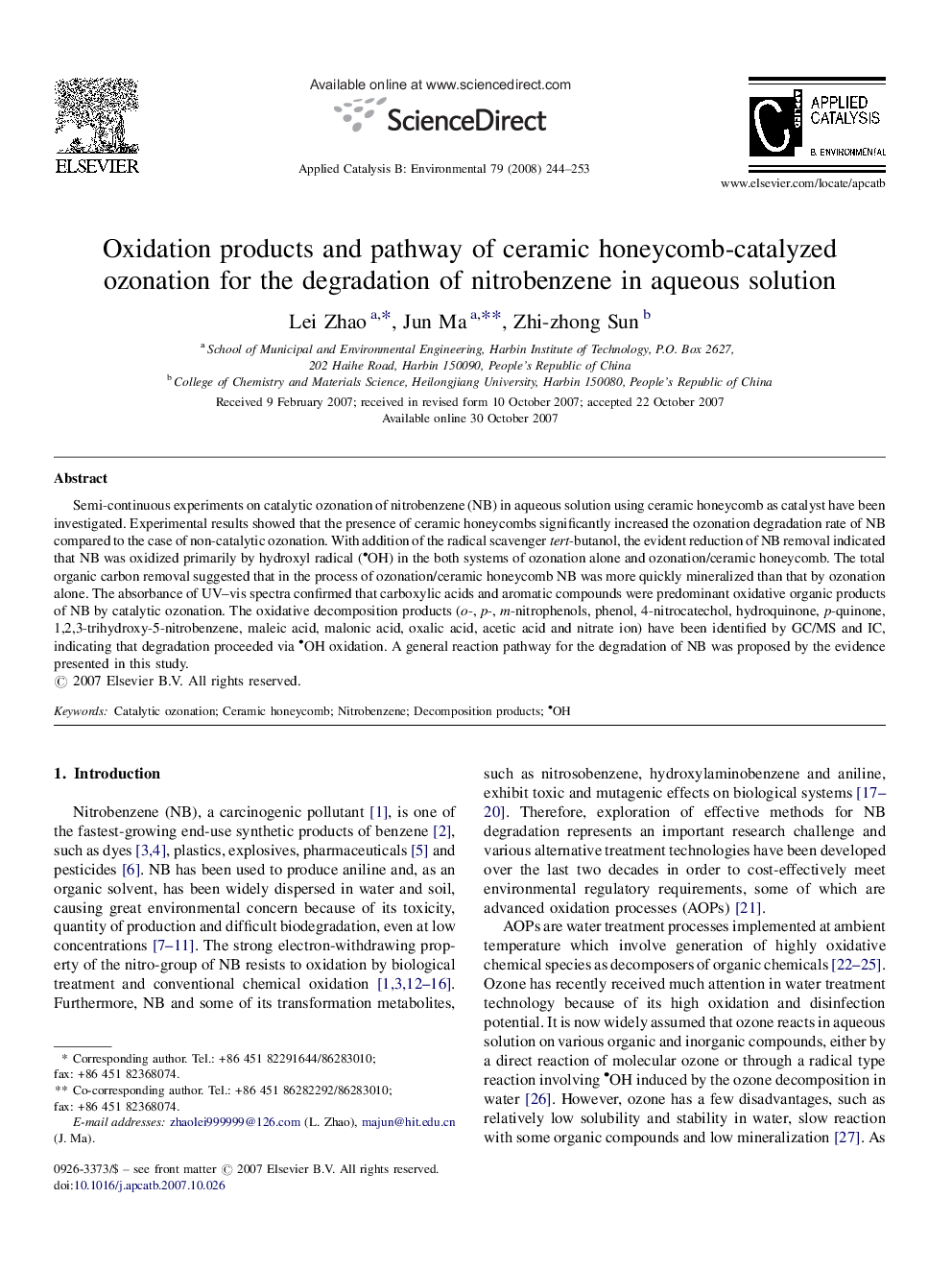 Oxidation products and pathway of ceramic honeycomb-catalyzed ozonation for the degradation of nitrobenzene in aqueous solution