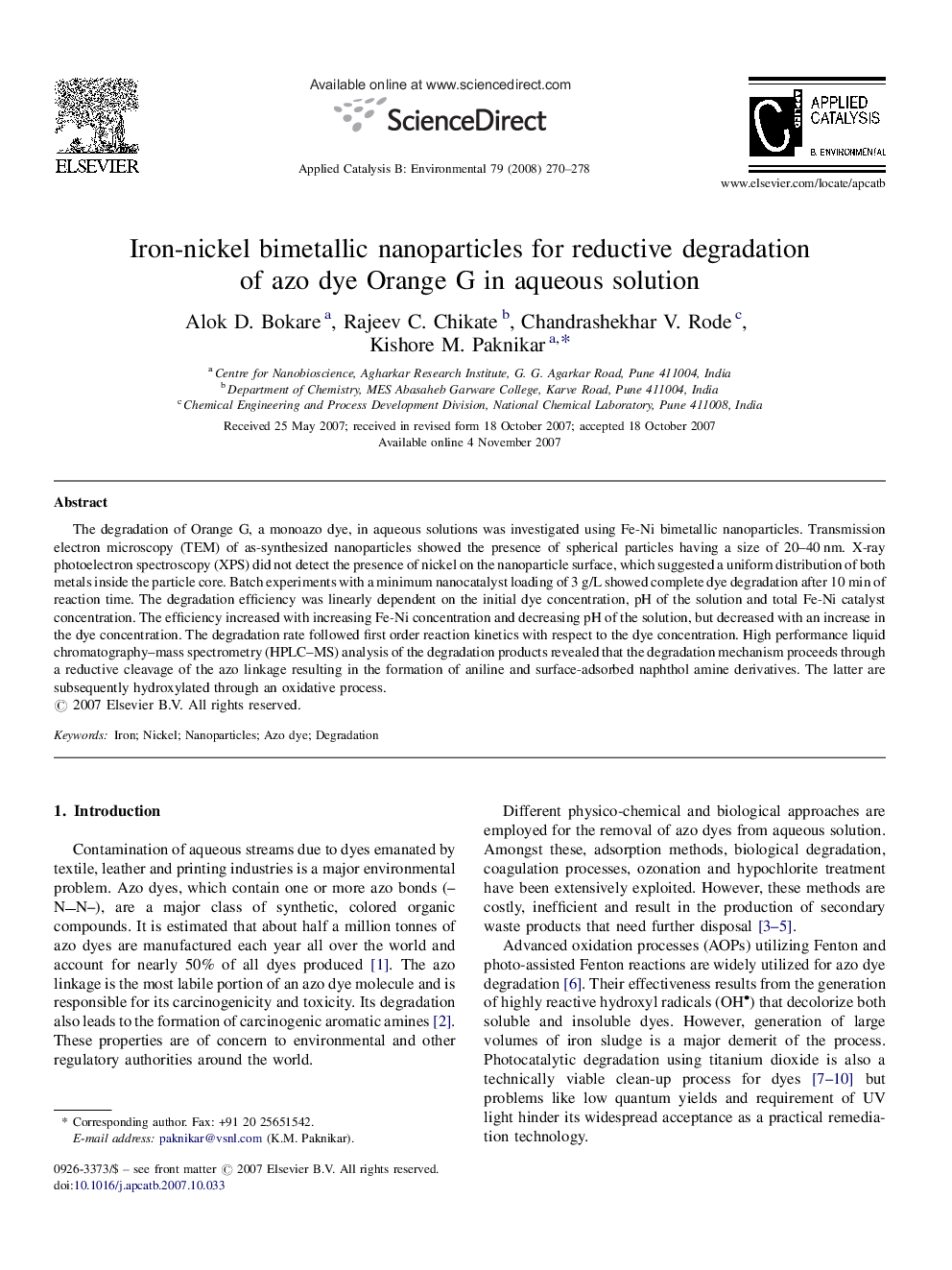 Iron-nickel bimetallic nanoparticles for reductive degradation of azo dye Orange G in aqueous solution