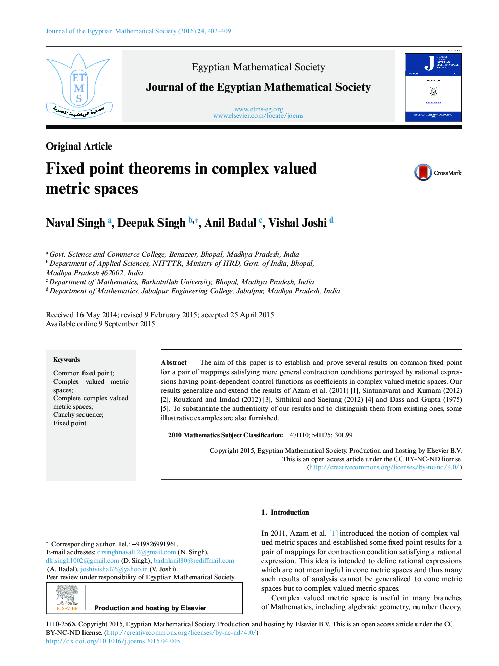 Fixed point theorems in complex valued metric spaces