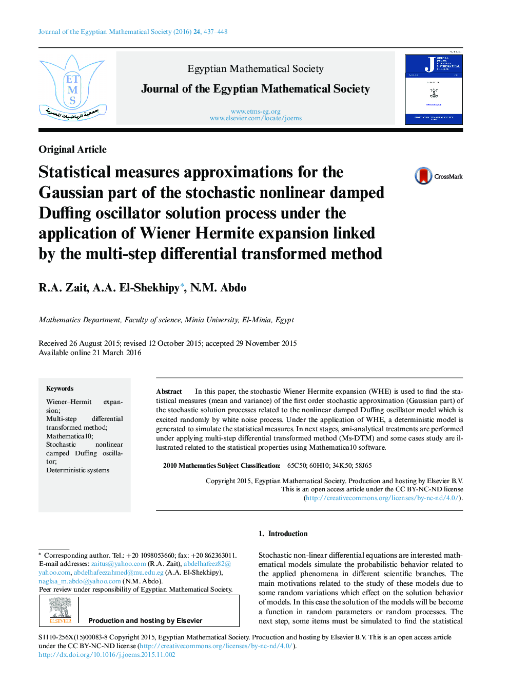 Statistical measures approximations for the Gaussian part of the stochastic nonlinear damped Duffing oscillator solution process under the application of Wiener Hermite expansion linked by the multi-step differential transformed method