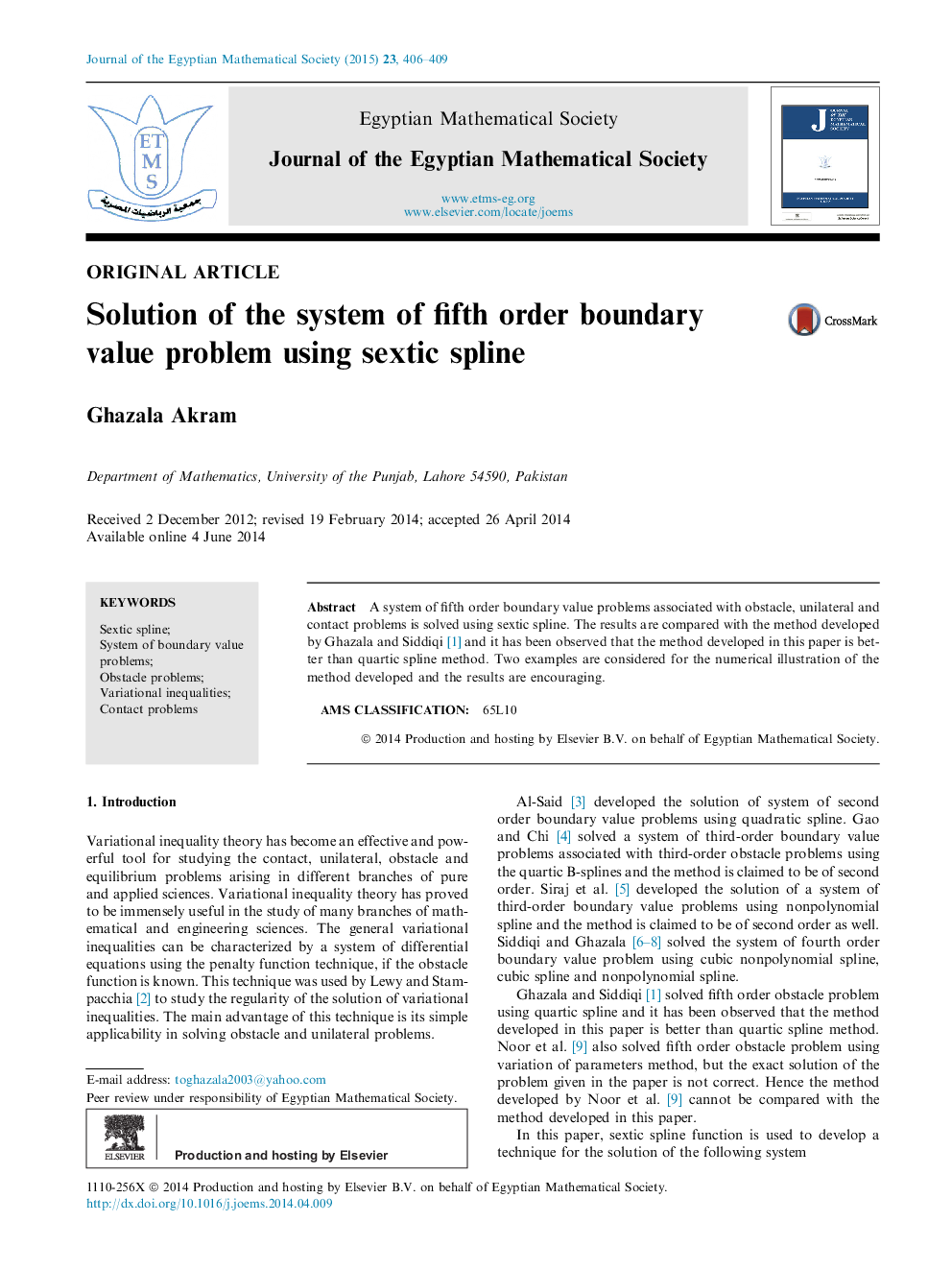 Solution of the system of fifth order boundary value problem using sextic spline 