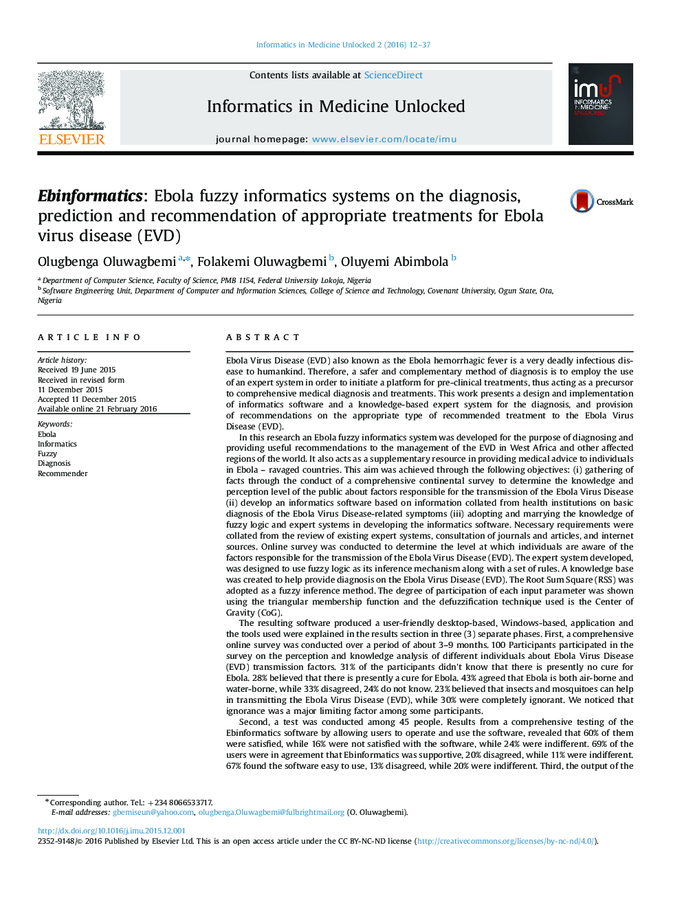 Ebinformatics: Ebola fuzzy informatics systems on the diagnosis, prediction and recommendation of appropriate treatments for Ebola virus disease (EVD)