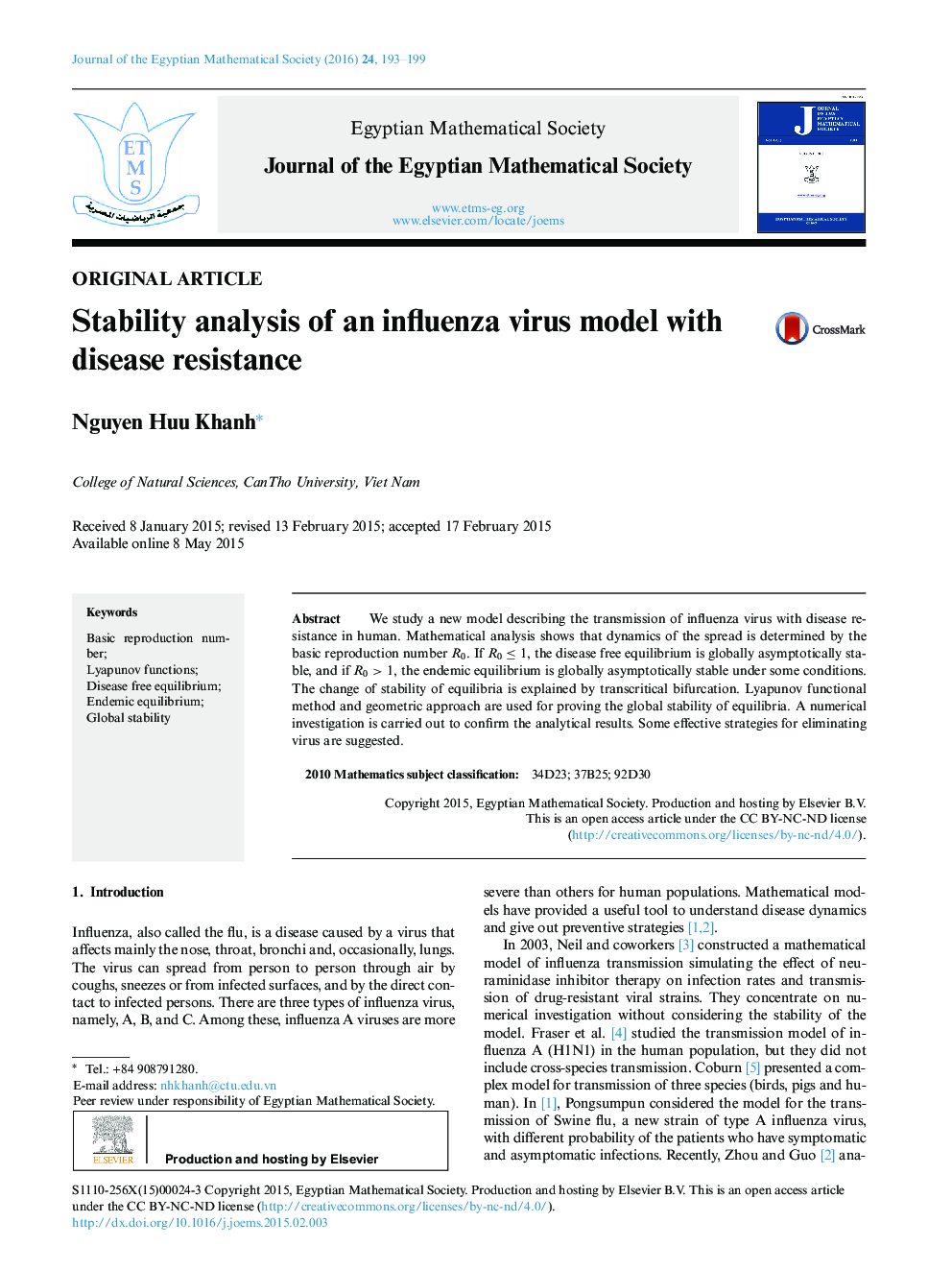 Stability analysis of an influenza virus model with disease resistance