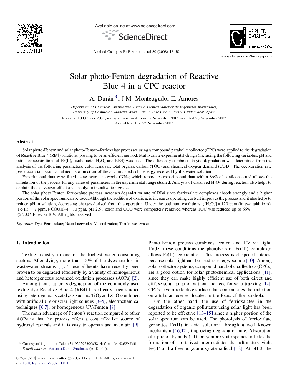 Solar photo-Fenton degradation of Reactive Blue 4 in a CPC reactor